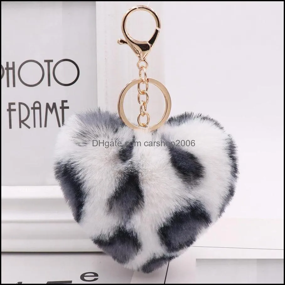 leopard love fluffy ball key rings soft and fuzzy pompom keyfobs holder lady fashion pendant cute heart pompoms keyring p29fa