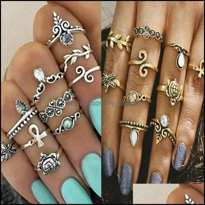 10pcs/set gold color flower midi rings sets for women silver color boho beach vintage turkish punk elephant finger knuckle ring