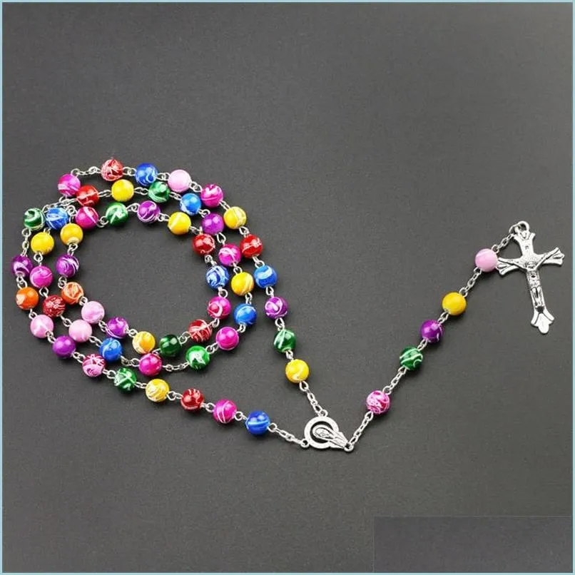  religious catholic rainbow rosary long necklaces jesus cross pendant 8mm bead chains for women men s fashion christian jewely 85