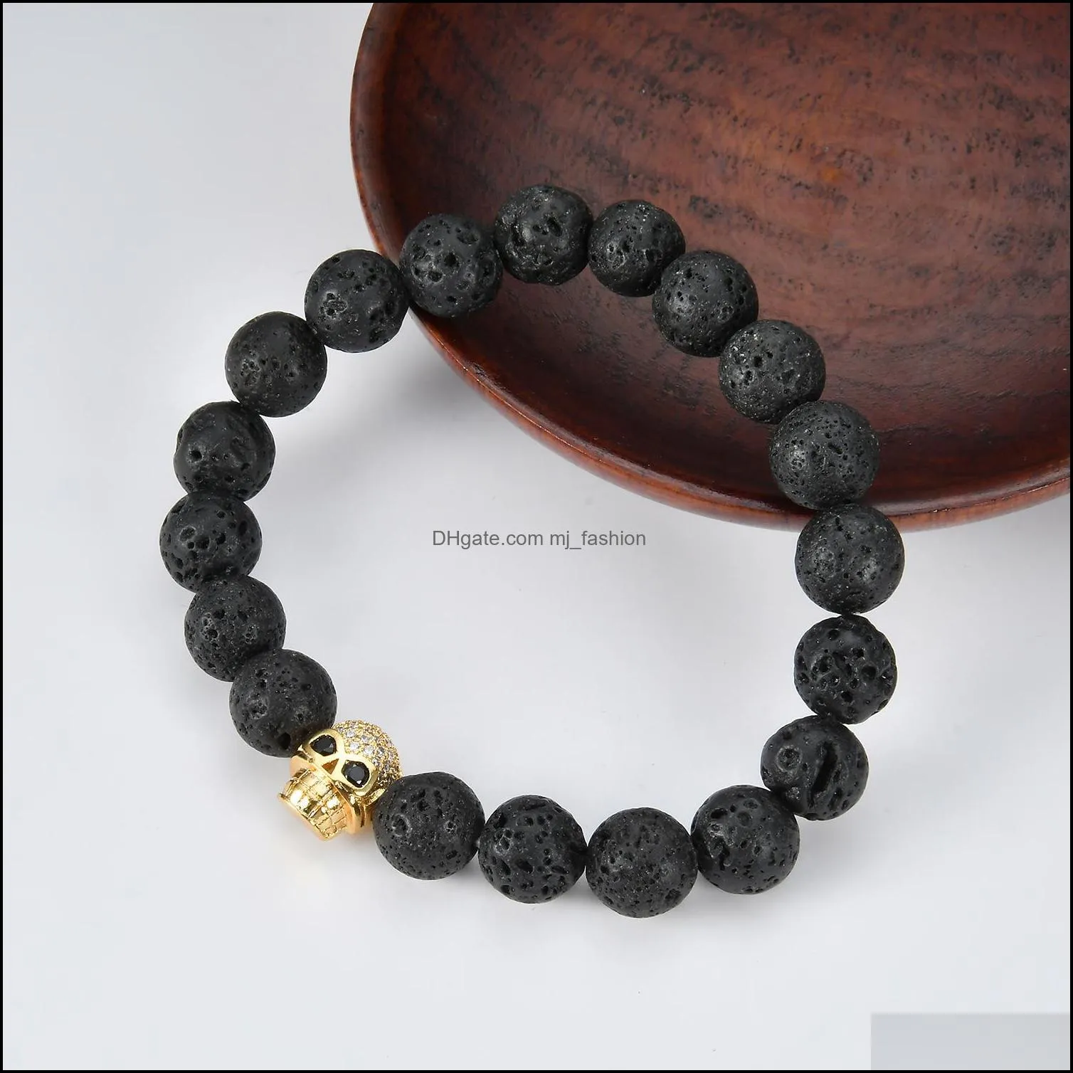 top quality lava rock beaded chain bracelet black natural energy stone with gold skull skeleton charm bangle for women men crafts