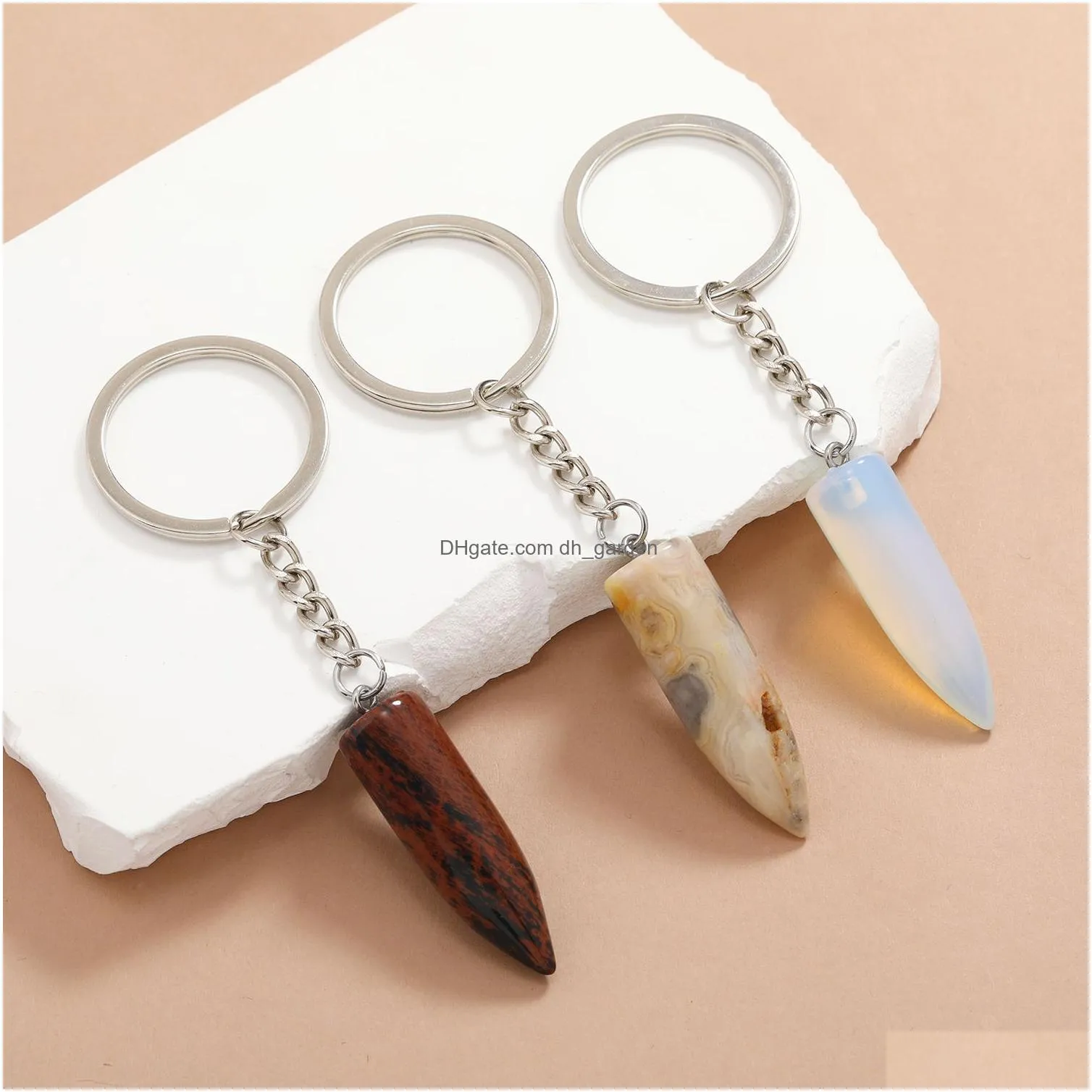 bullet shape crystal natural stone key rings gem charms keychains healing crystal keyrings for women men