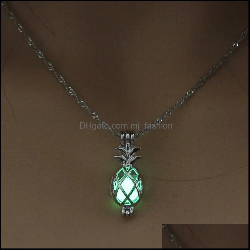 luxury glow in the dark pineapple necklaces hollow luminous stone pearl fruit cage pendant necklace for women ladies fashion jewelry