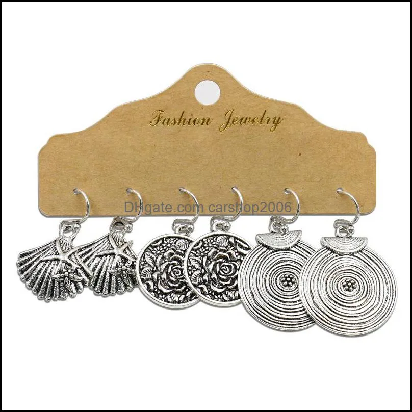 vintage ethnic bronze dangle earrings set for women bohemian flower tassel geometric hollow pendant water drop earring c344fz