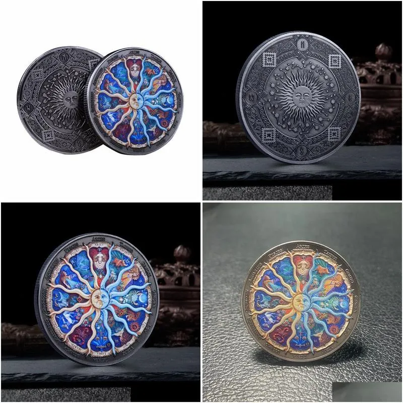 45mm colorful twelve constellations luck coin sun moon god bronze collectibles metal souvenirs gifts for horoscope