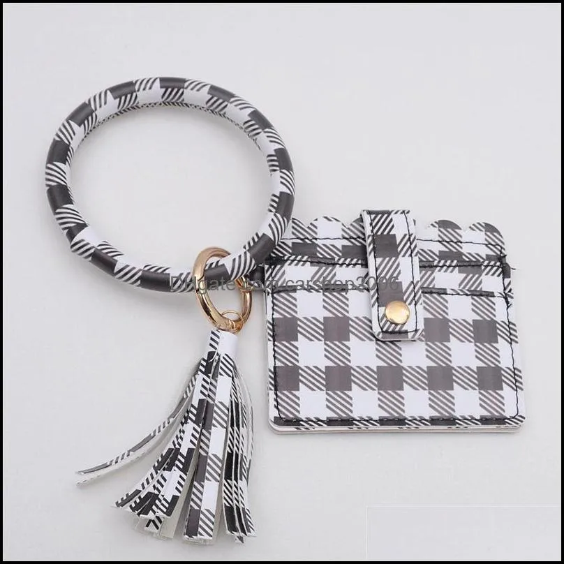 leopard pu leather key chain bracelet for women plaid wallet round tassel pendant keyring wristbands coin purse keychain l12fa