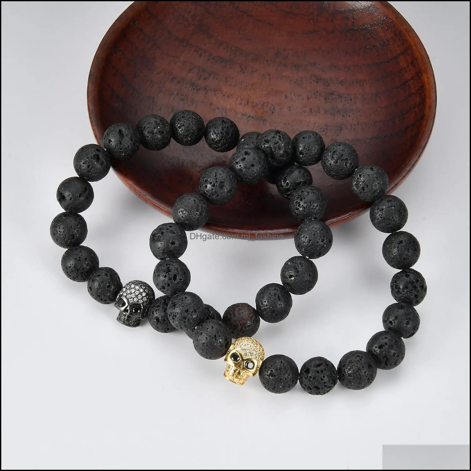 top quality lava rock beaded chain bracelet black natural energy stone with gold skull skeleton charm bangle for women men crafts