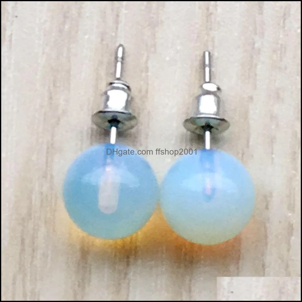 10mm natural stone crystal stud earrings tiger eye rose quartz turquoises amethyst opal beads stud earring for women