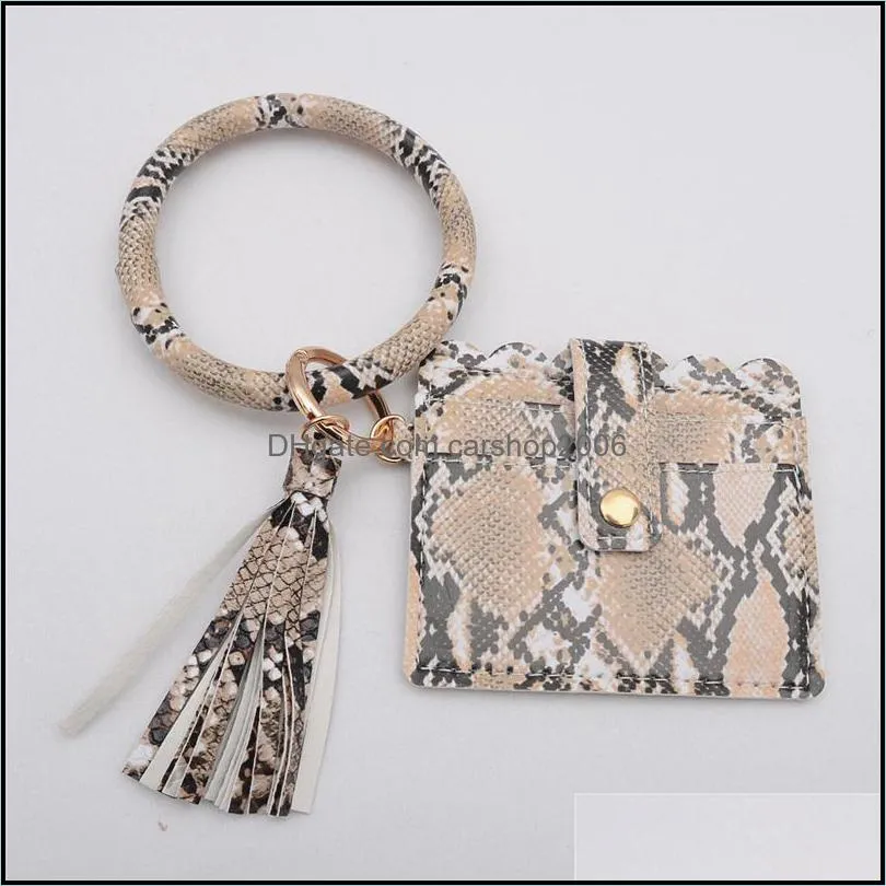 leopard pu leather key chain bracelet for women plaid wallet round tassel pendant keyring wristbands coin purse keychain l12fa