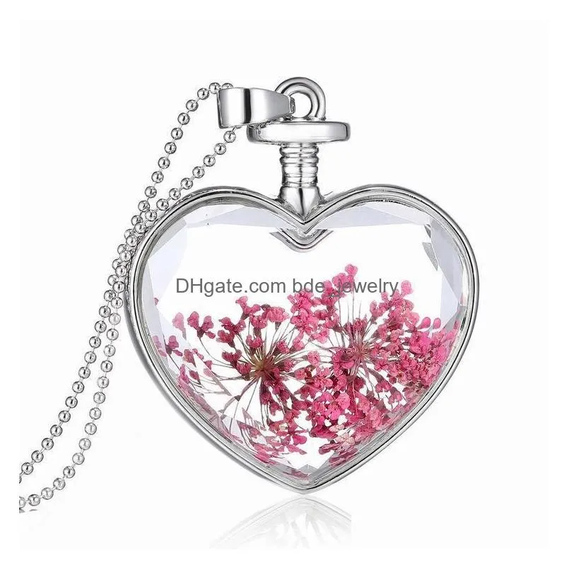 western style for women fashion jewelry highgrade crystal glass heart dry flower slide pendant necklace