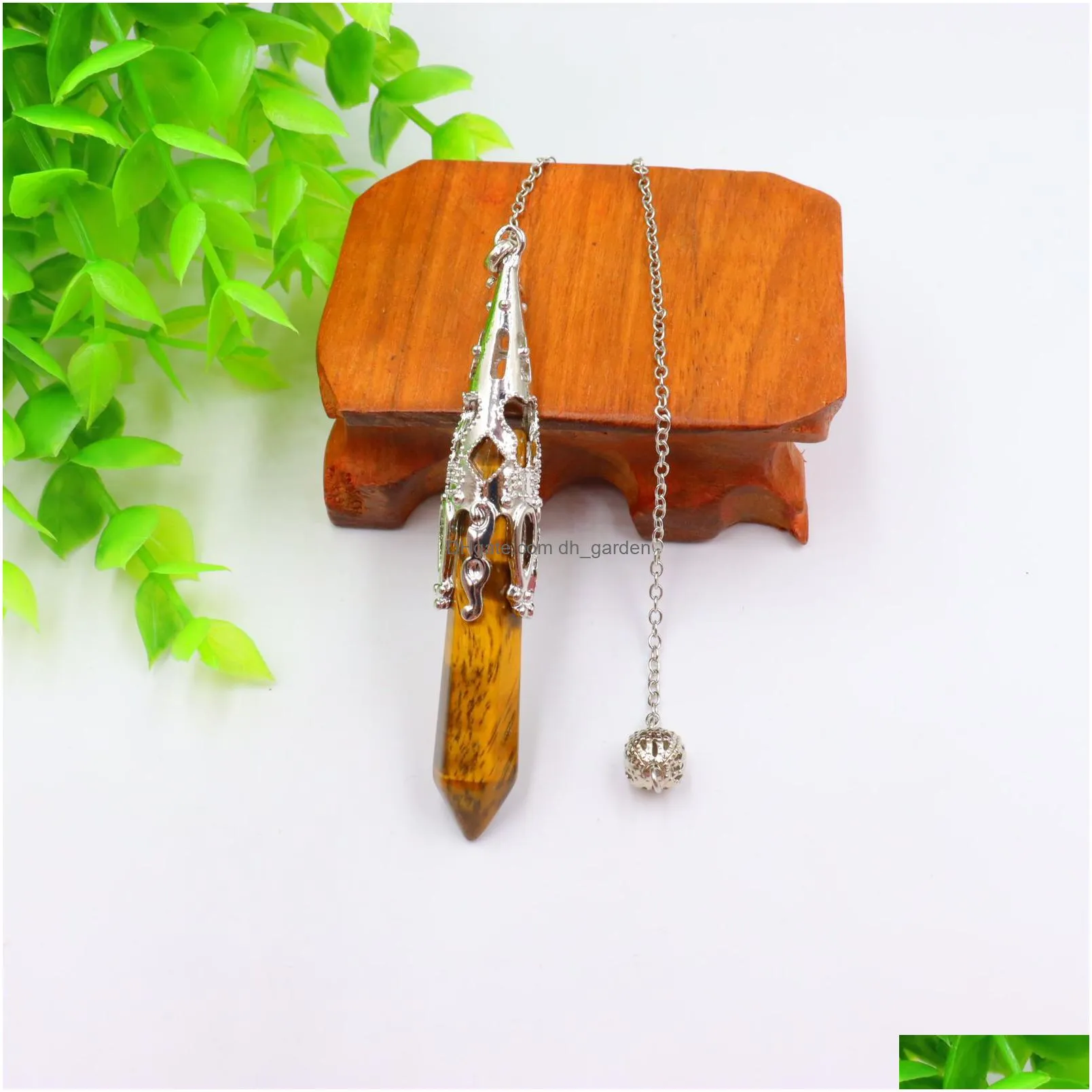 natural stone pendulum charms hexagonal prism shaped pendant link chain for divination crystal jewelry charm amulet healing pendant