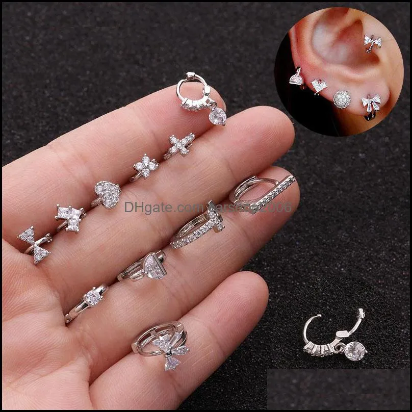 1 pcs shiny zircon circle hoop dangle earring for women men classic cross heart shape round earrings copper ear jewelry a94z