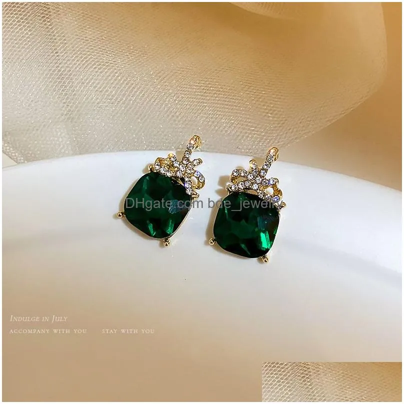 fashion jewelry choker pedant necklace s925 siver post dangle earrings for women green crystal rhinestone geometric stud