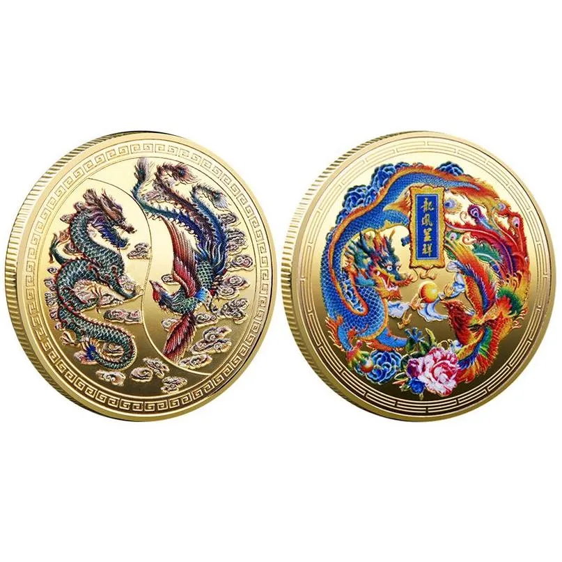 chinese coin with dragons and phoenix 45mm collectibles coins lucky commemorative medal gold plated souvenir for decor feng shui