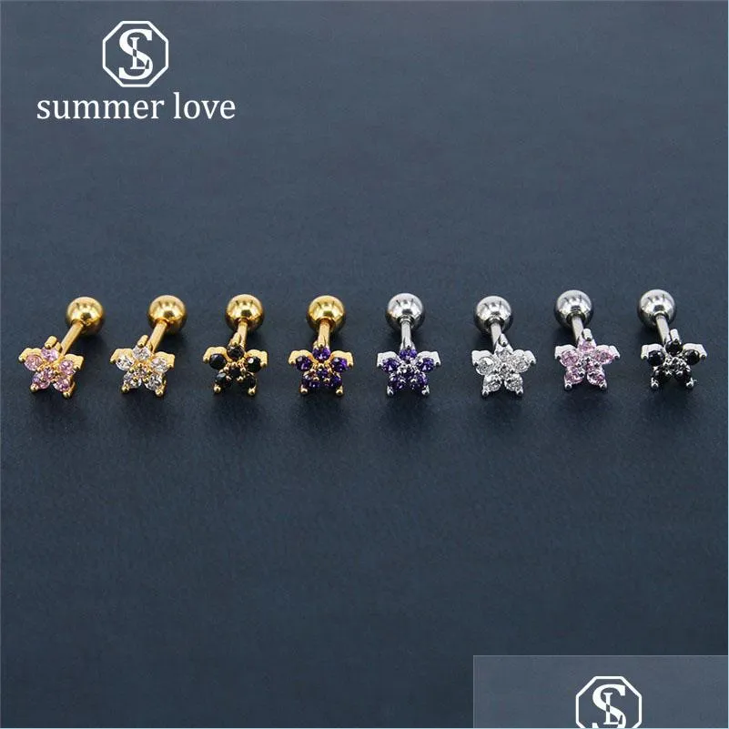 4 color small flower 5a flash zircon stud earrings for women girl titanium steel gold silver studs earrings elegant jewelry