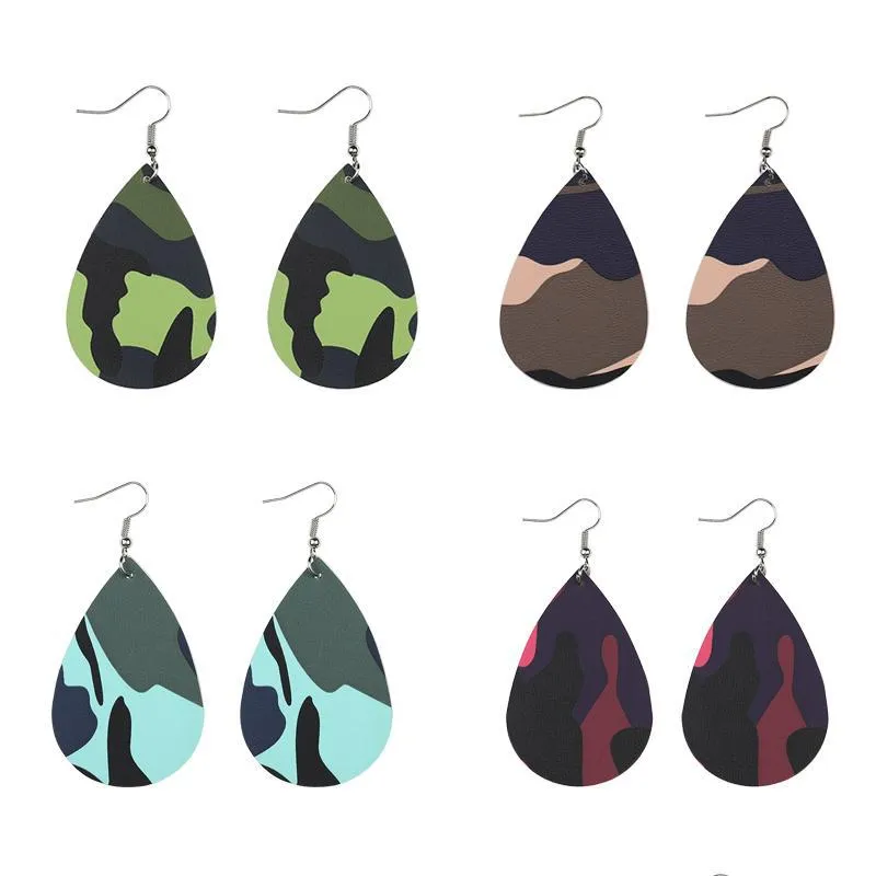 fashion camouflage pu leather printing teardrop dangle earring for women bohemian leopard print drop double side earrings jewelry