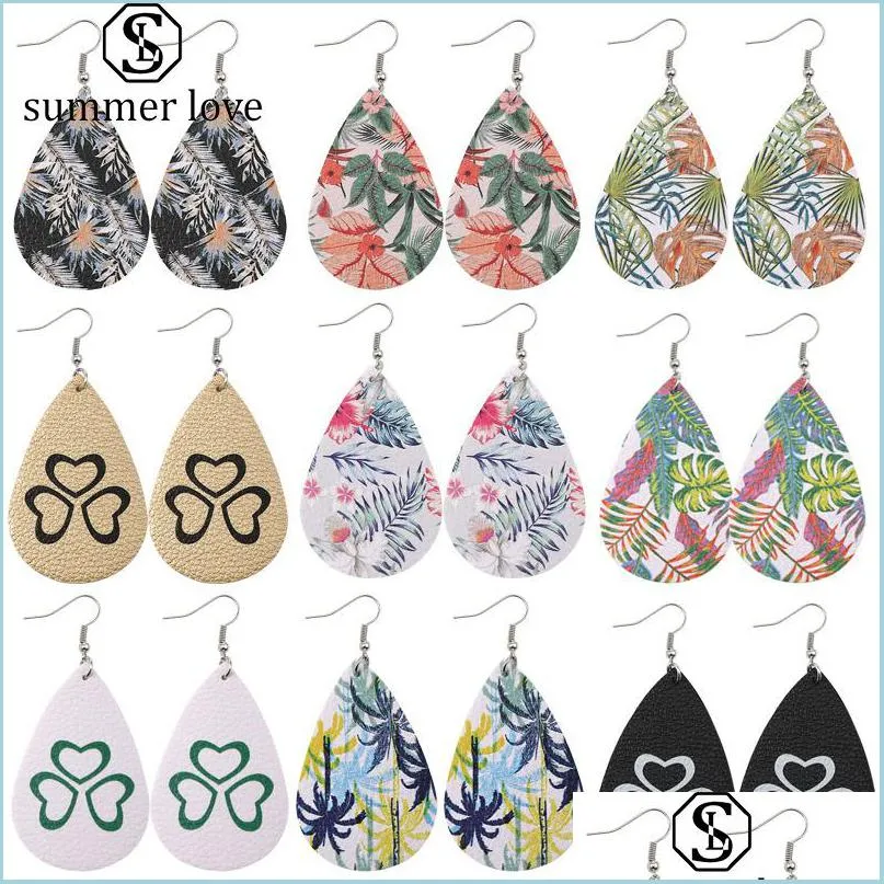 unique design heart leaf flower print leather teardrop earrings for women water drops faux pu leather dangle earrings christmas