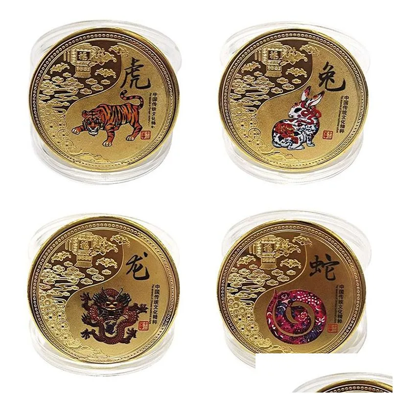 12 colored animal chinese zodiac collectible coins for luck souvenirs gold coin mascot home decor year 2023 gifts