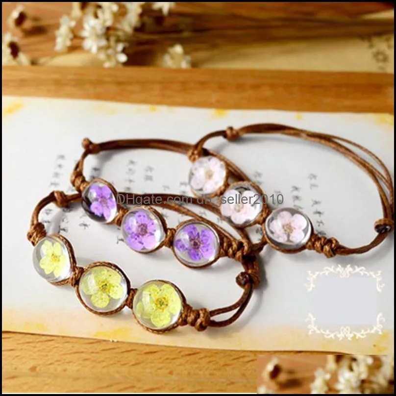 handmade dried flowers glass beads bracelet summer style glass ball woven bracelet weave lucky flower bracelets for women jewelry