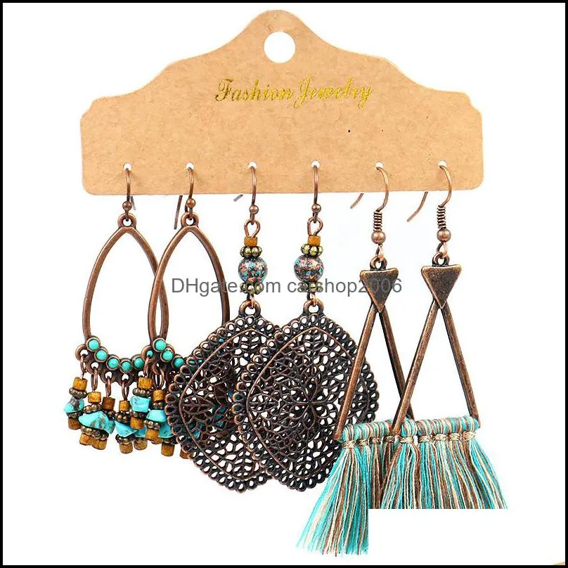 vintage ethnic bronze dangle earrings set for women bohemian flower tassel geometric hollow pendant water drop earring c344fz