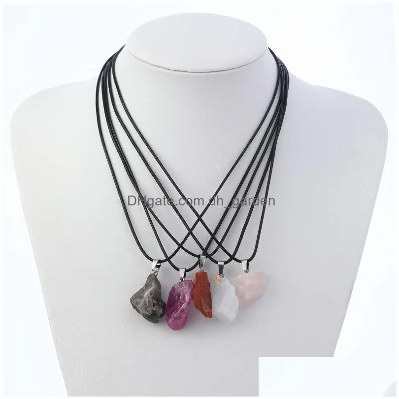 natural irregular rough raw fluorite stone pendant healing crystal gemstone black rope chain necklace women jewelry