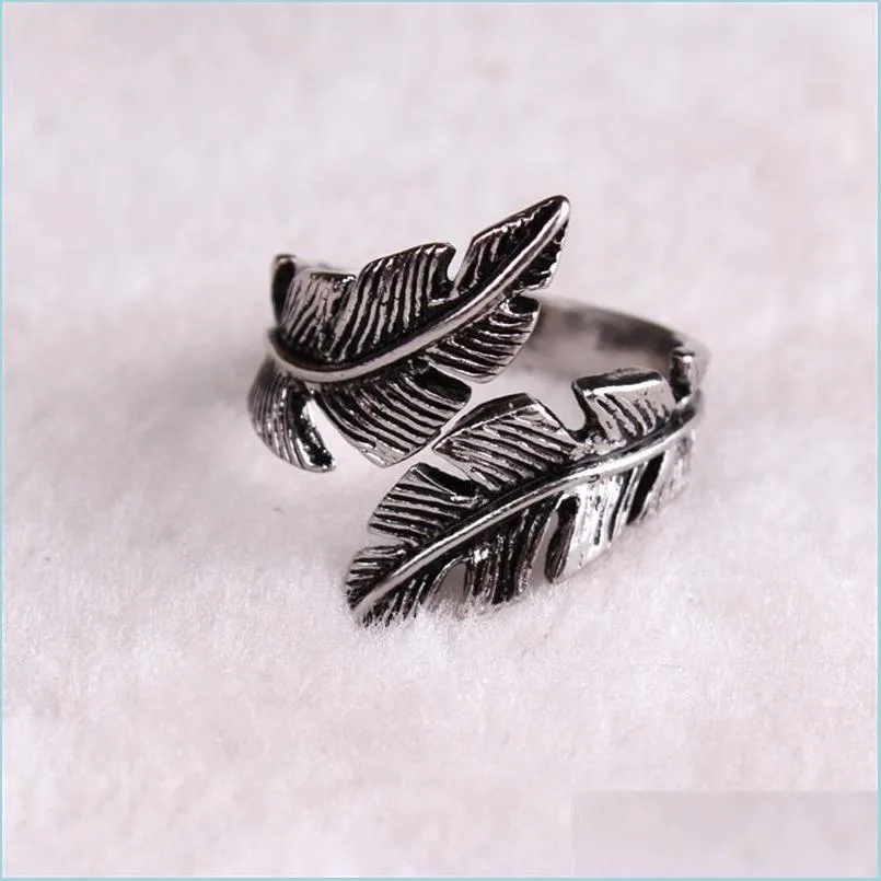 fashion vintage retro women men stainless steel ring feather leaves opening adjustable punk hip hop band ring jewelry gift43 q2