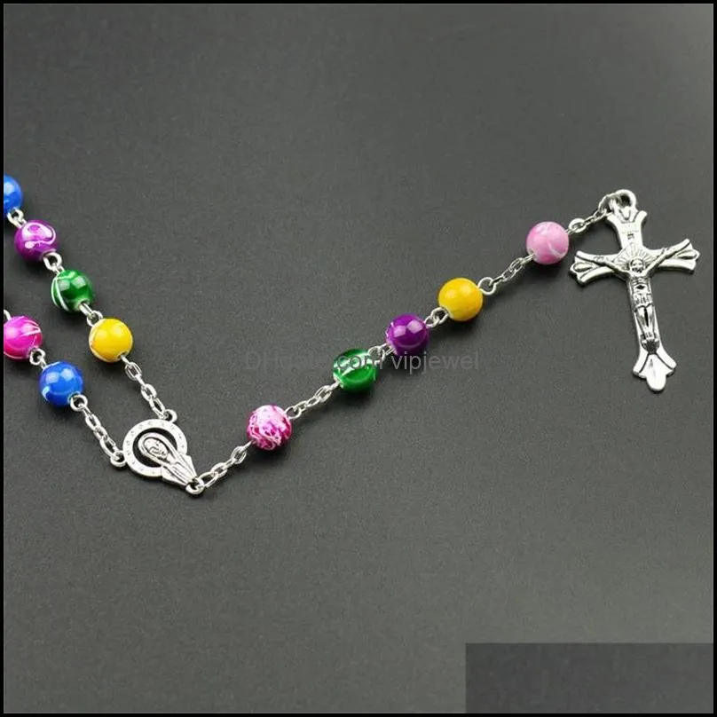  religious catholic rainbow rosary long necklaces jesus cross pendant 8mm bead chains for women men s fashion christian jewely 85