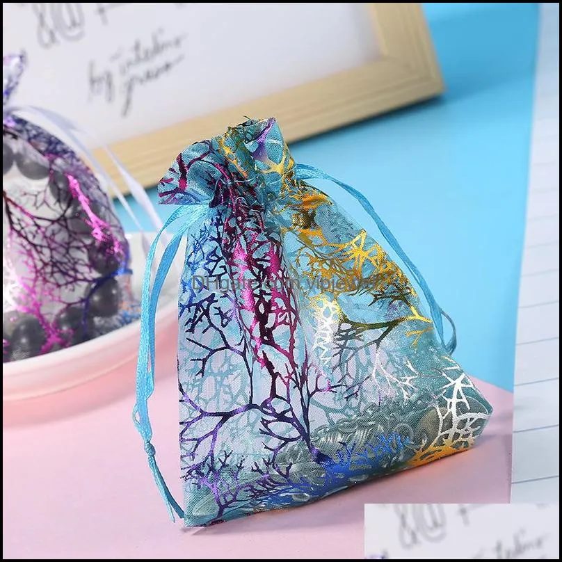 100pcs blue coral organza bags 13x18cm wedding gift bag cute candy jewelry packaging bags drawstring pouch 310 q2