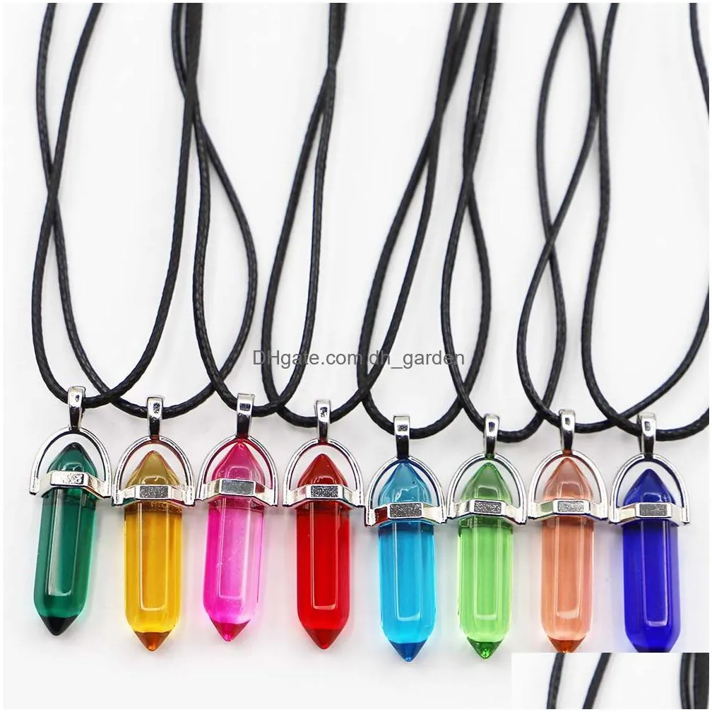 rainbow glass hexagonal column point leather cord necklace pendant cylindrical charms minerals healing crystal jewelry