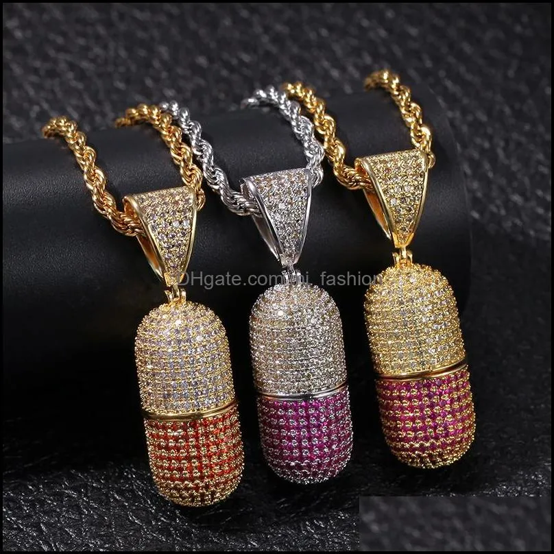 hip hop colorful iced out open pill shape pendant bling cz cubic zirconia necklace for women men hiphop jewelry