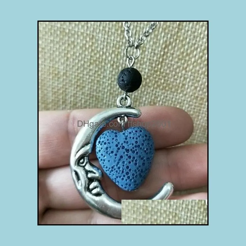 fashion silver color heart lava stone moon diffuser necklace volcanic rock aromatherapy essential oil diffuser necklace for women