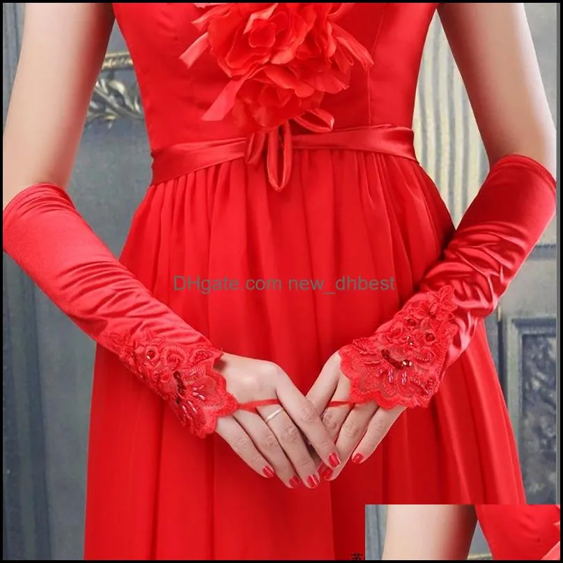 1 pair bride bridal wedding gloves red black white ivory long lace satin elegant for women finger