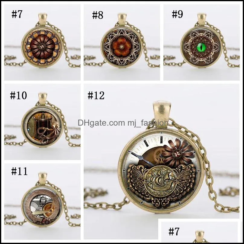  fashion punk bronze floating necklaces men gear dial vintage glass pendant necklace for women jewelry accessories