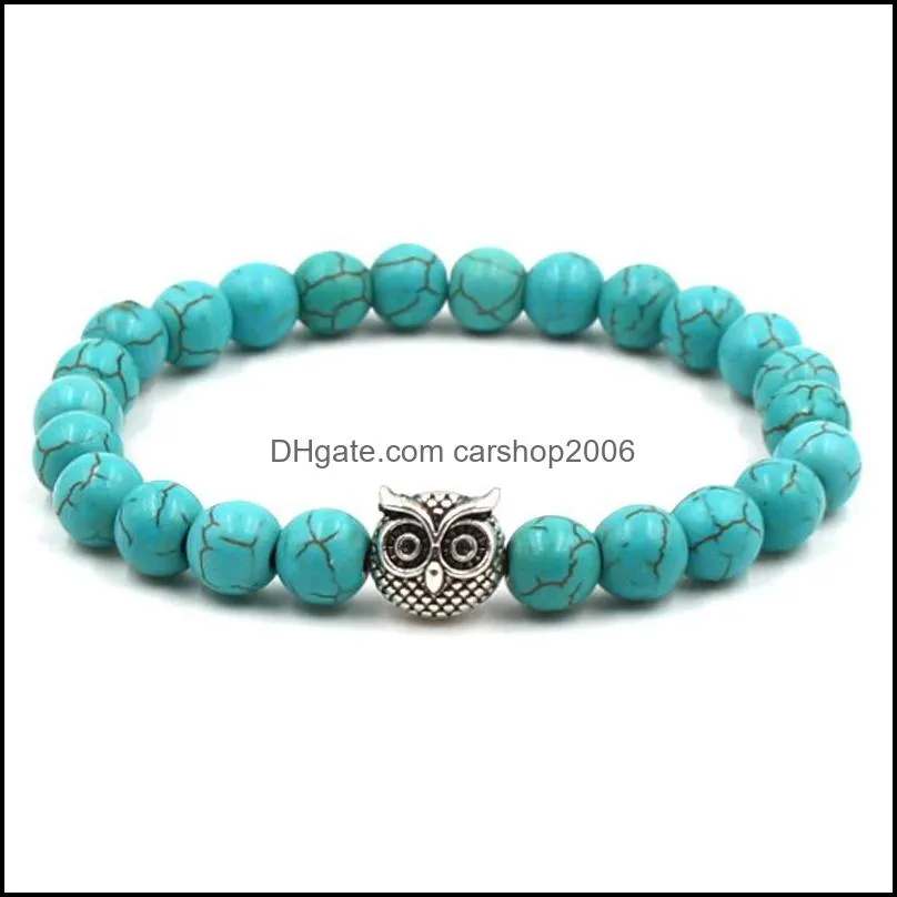 fashion silver owl bracelet for men women 8mm yoga beads handmade beaded bracelets natural stone bangle jewelry dhs m487a