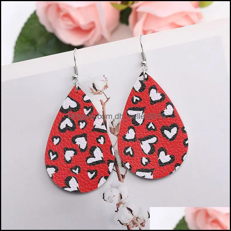 fashion designer pu leather dangle earring for women girl water drop heart colorful pattern double side hook earring jewelry christmas