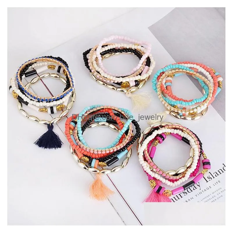 europe fashion jewelry womens bracelet layers colorful plastic beaded charms tassels elastic bracelets