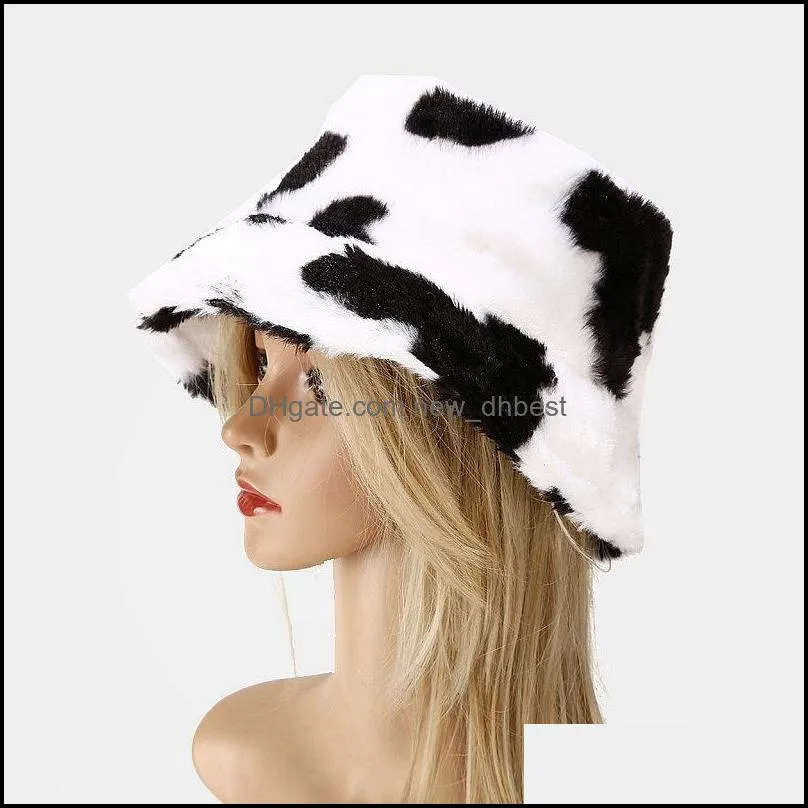 outdoor casual faux fur winter hats for women black white cow print bucket hat men fisherman cap