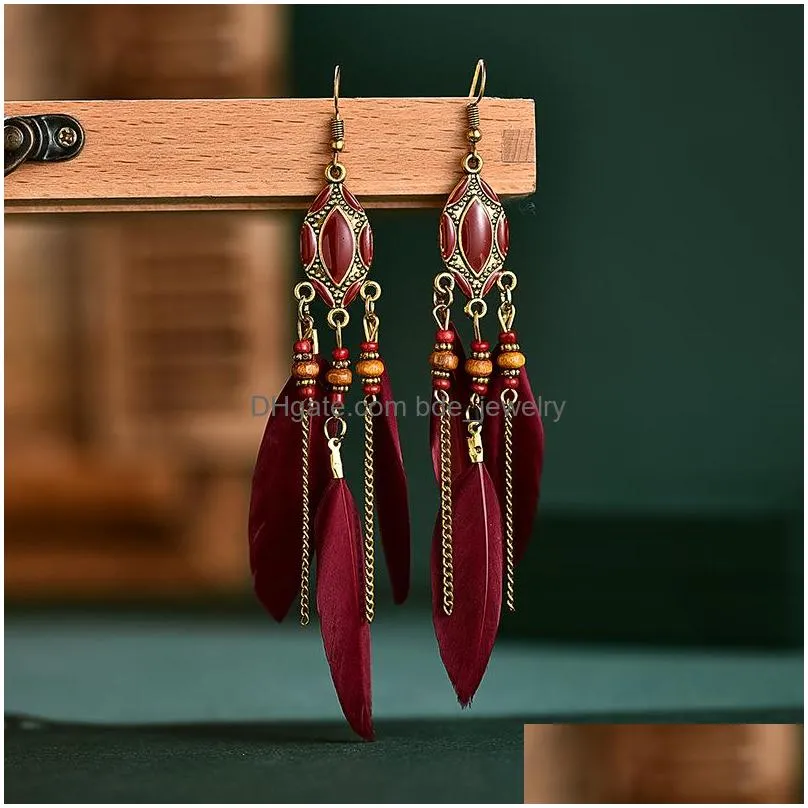 bohemian fashion jewelry feather earrings vintage handmade chain tassels beads feather dangle earrings