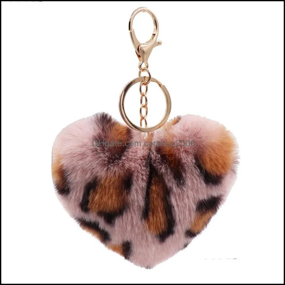 leopard love fluffy ball key rings soft and fuzzy pompom keyfobs holder lady fashion pendant cute heart pompoms keyring p29fa