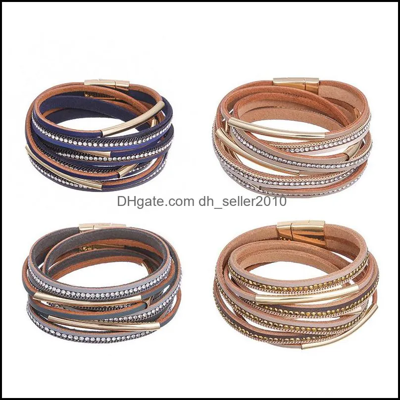  fashion multilayer wrap leather bracelet bangle for women trendy crystal open cuff bracelet with magnetic buckle wristbands