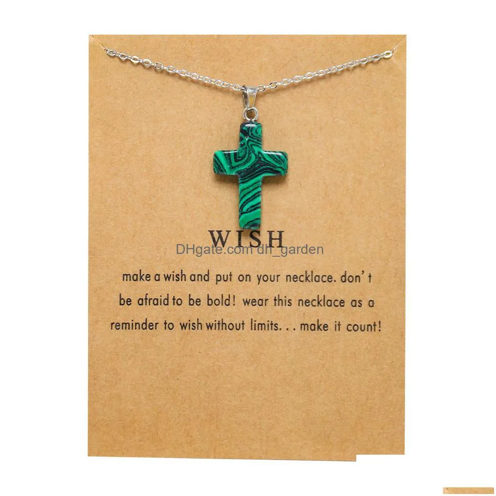 wish card cross stone pendant necklace for jewelry making stainless steel chain for women men gift