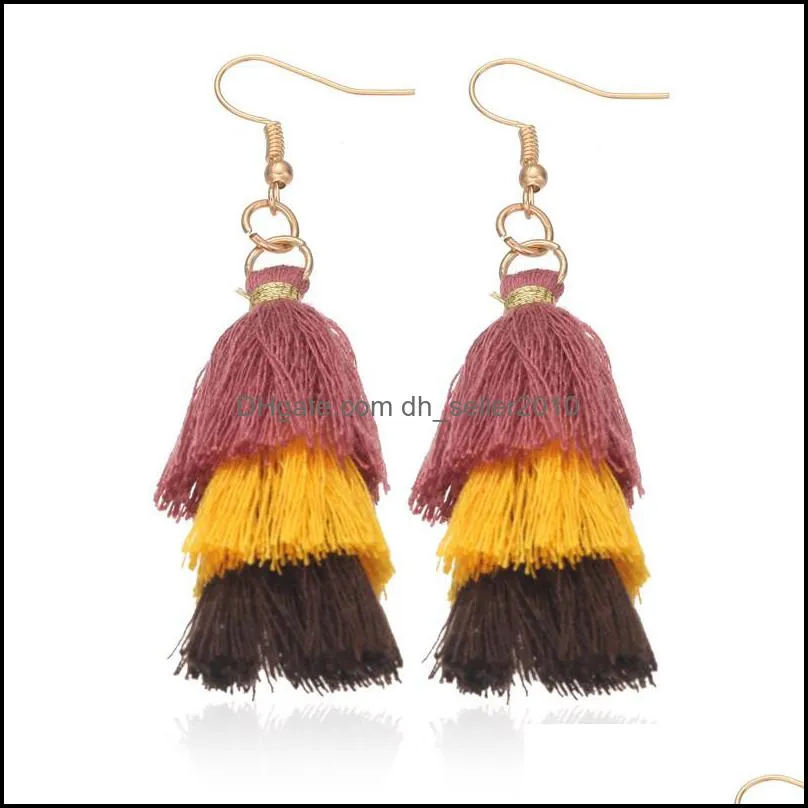 unique design three layer cotton thread earrings for women fashion colorful bohemian tassel earrings party wedding jewelry christmas