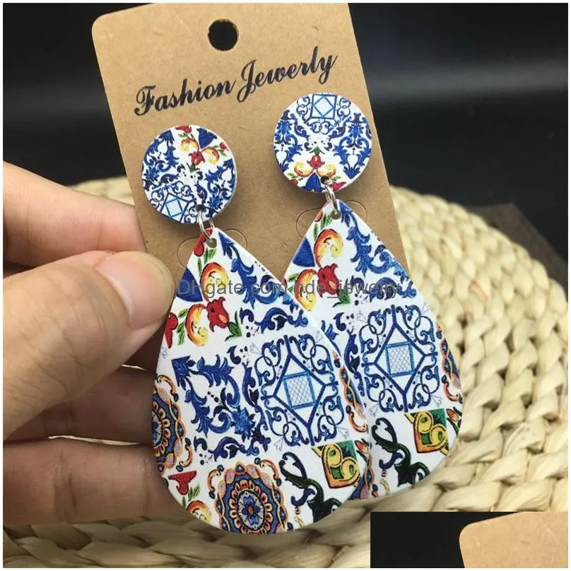 bohemian fashion jewelry dangle earrings ceramic tile painting patern wood earrings