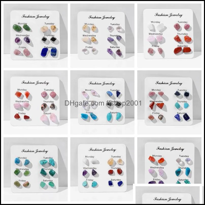 6 pairs/set womens earrings irregular mini natural chip stone stud earrings for women girl week theme wedding fashion jewelry