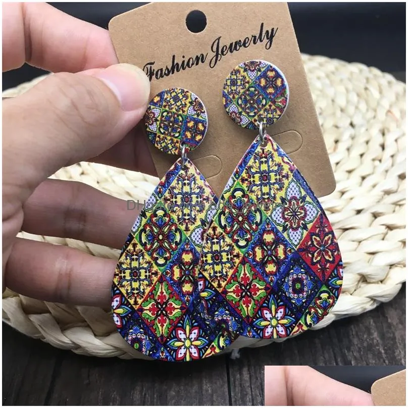 bohemian fashion jewelry dangle earrings ceramic tile painting patern wood earrings