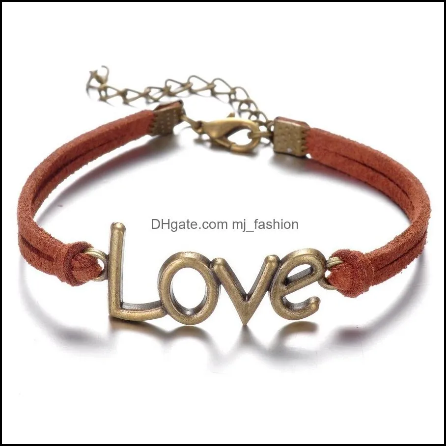 2016 vintage love leather bracelets 6 colors bronze multilayer woven charm bracelet for men women fashion diy jewelry bracelets