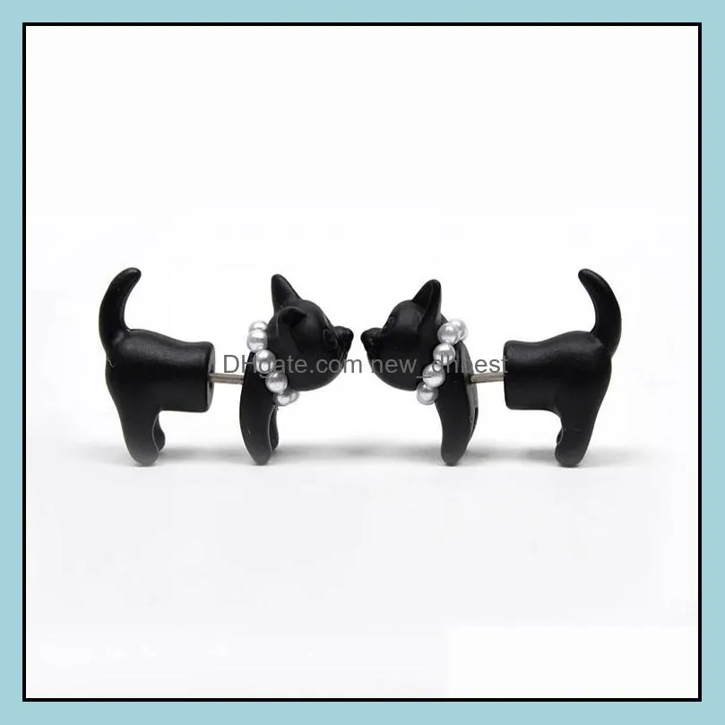 impalement black stereoscopic 3d cute cat stud handmade earrings for women lovely pearl piercing ear