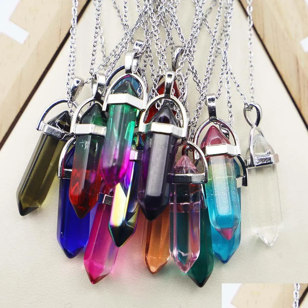 rainbow glass hexagonal column point pendant black cord necklace cylindrical charms minerals healing crystal jewelry