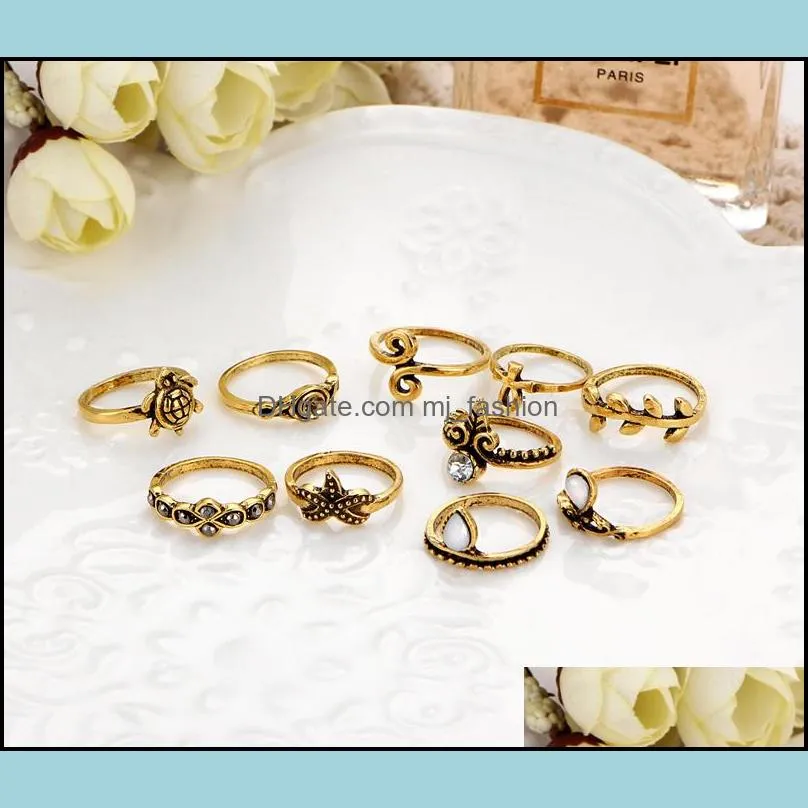 10pcs/set gold color flower midi rings sets for women silver color boho beach vintage turkish punk elephant finger knuckle ring