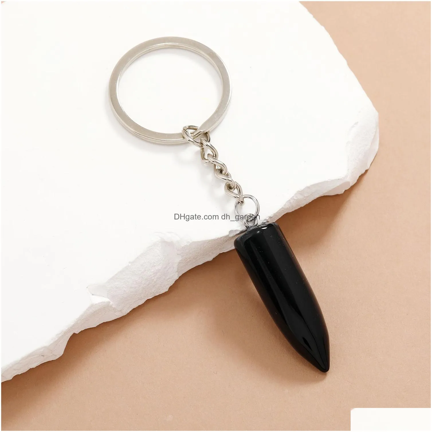 bullet shape crystal natural stone key rings gem charms keychains healing crystal keyrings for women men