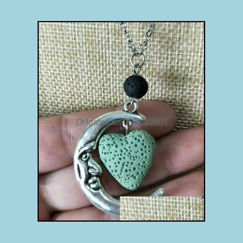 fashion silver color heart lava stone moon diffuser necklace volcanic rock aromatherapy essential oil diffuser necklace for women